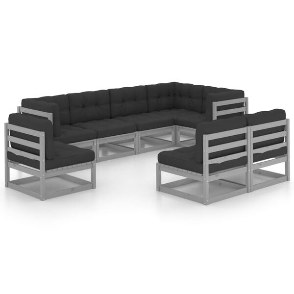 vidaXL 8 pcs conjunto lounge de jardim c/ almofadões pinho maciço