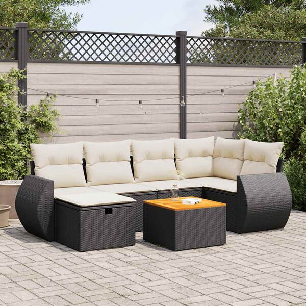 vidaXL 7 pcs conjunto de sof&aacute;s p/ jardim c/ almofad&otilde;es vime PE preto