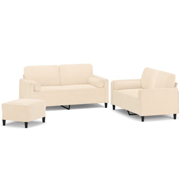 vidaXL 3 pcs conjunto sof&aacute;s c/ almofadas/almofad&otilde;es veludo cor creme