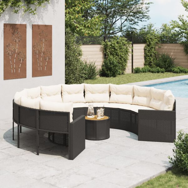 vidaXL Sof&aacute; de jardim com mesa e almofad&otilde;es redondo vime PE preto