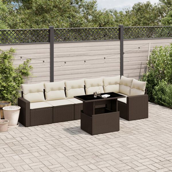 vidaXL 7 pcs conjunto de sof&aacute;s jardim c/ almofad&otilde;es vime PE castanho