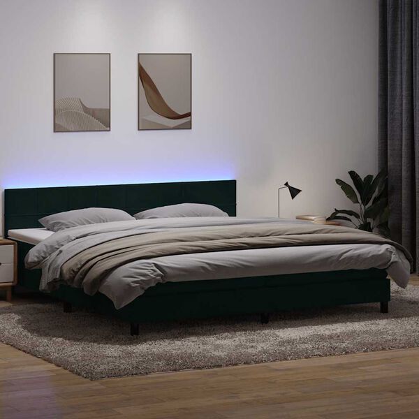 vidaXL Cama box spring c/ colch&atilde;o e LED 180x210 cm veludo verde-escuro