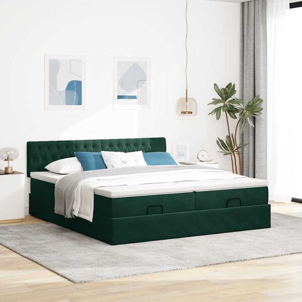 vidaXL Estrutura de cama otomana com colch&atilde;o verde escuro veludo