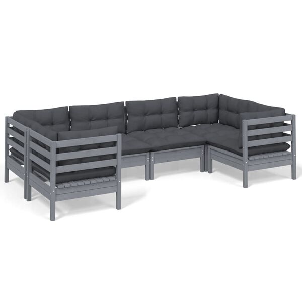 vidaXL 6 pcs conjunto lounge de jardim c/ almofad&otilde;es pinho cinza