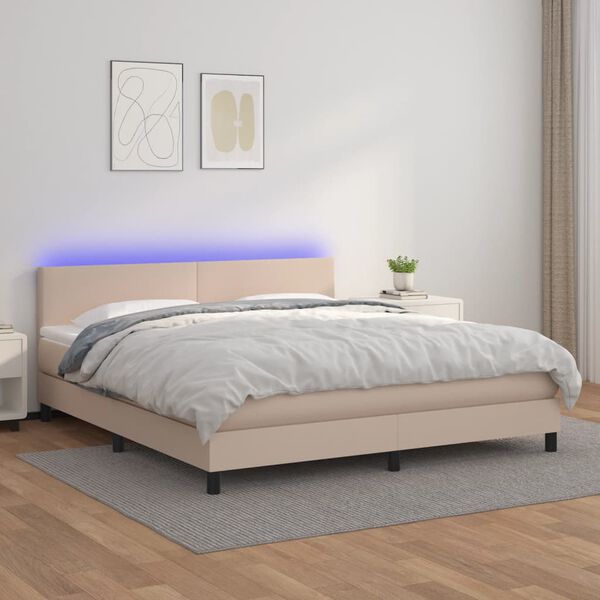 vidaXL Cama box spring c/colch&atilde;o/LED 160x200cm couro artif. cappuccino