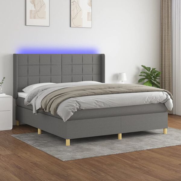 vidaXL Cama box spring c/ colch&atilde;o e LED 160x200 cm tecido cinza-escuro