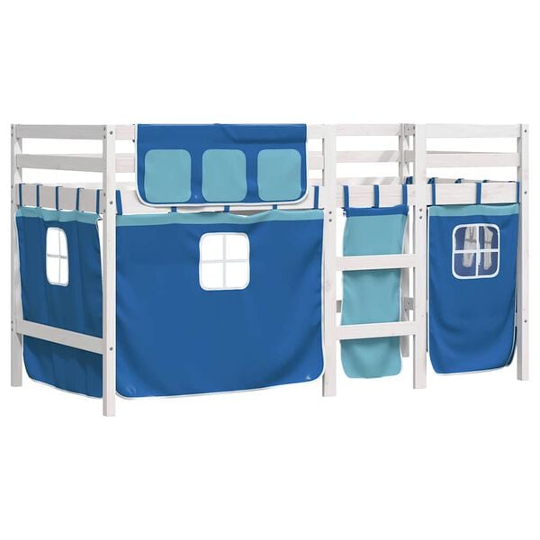 vidaXL Cama alta p/ crian&ccedil;a c/ cortinas 90x190 cm pinho maci&ccedil;o azul
