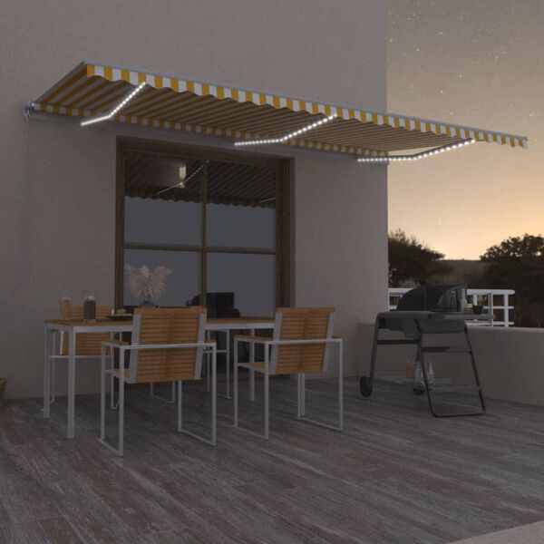 vidaXL Toldo retrátil manual com LED 600x300 cm amarelo e branco