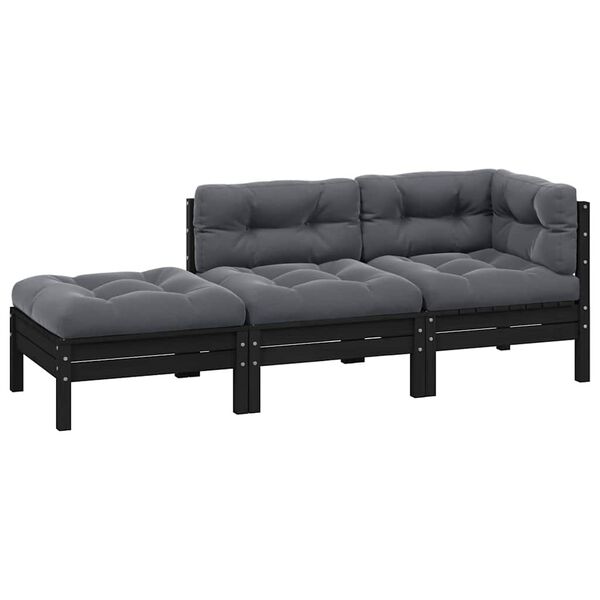 vidaXL 3 pcs conjunto lounge jardim c/ almofad&otilde;es pinho maci&ccedil;o preto