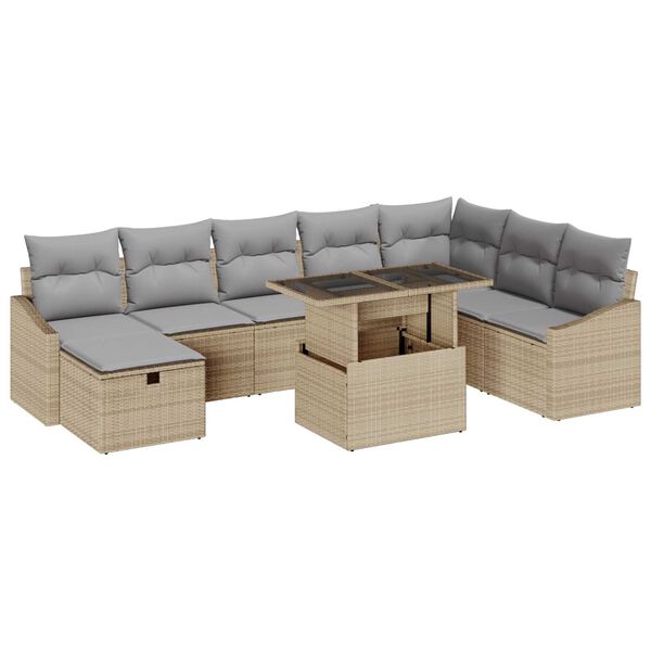 vidaXL Conjunto de Sof&aacute; de Jardim 9 pcs Bege Rattan Sint&eacute;tico