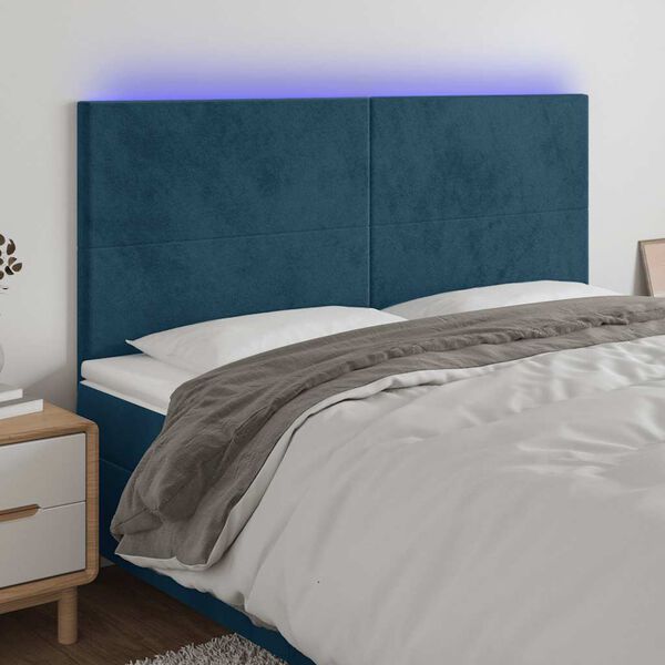 vidaXL Cabeceira cama c/ luzes LED veludo 200x5x118/128cm azul-escuro
