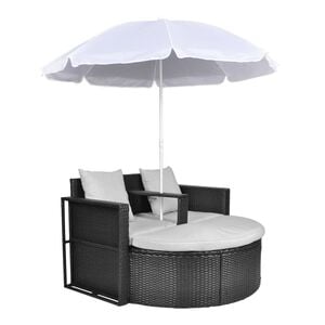 vidaXL Espregui&ccedil;adeira para jardim com guarda-sol vime PE preto