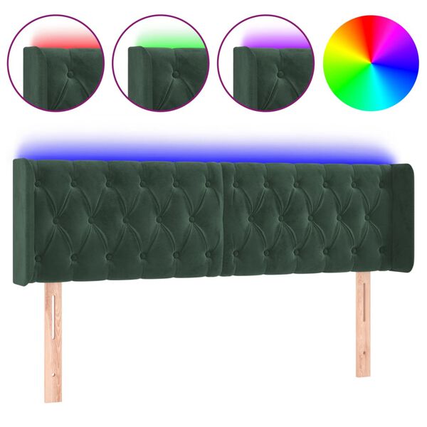 vidaXL Cabeceira cama c/ luzes LED veludo 147x16x78/88 cm verde-escuro