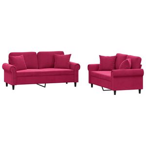 vidaXL 2 pcs conjunto de sof&aacute;s com almofadas veludo vermelho-tinto