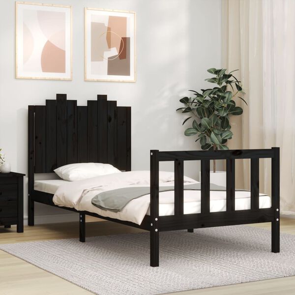 vidaXL Estrutura de cama com cabeceira 90x190 cm madeira maciça preto