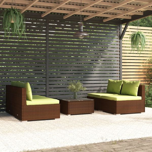 vidaXL 5 pcs conjunto lounge jardim c/ almofad&otilde;es vime PE castanho