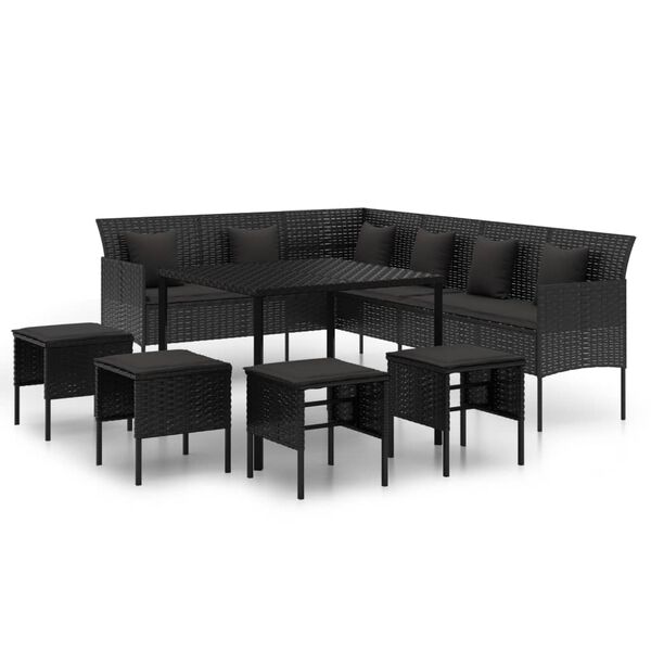 vidaXL 6 pcs conjunto de jantar p/ jardim c/ almofad&otilde;es vime PE preto