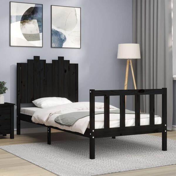 vidaXL Estrutura de cama com cabeceira 90x190 cm madeira maciça preto