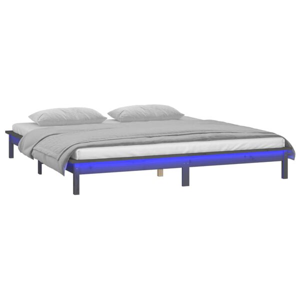 vidaXL Estrutura de cama c/ LED 140x190 cm madeira maci&ccedil;a cinzento