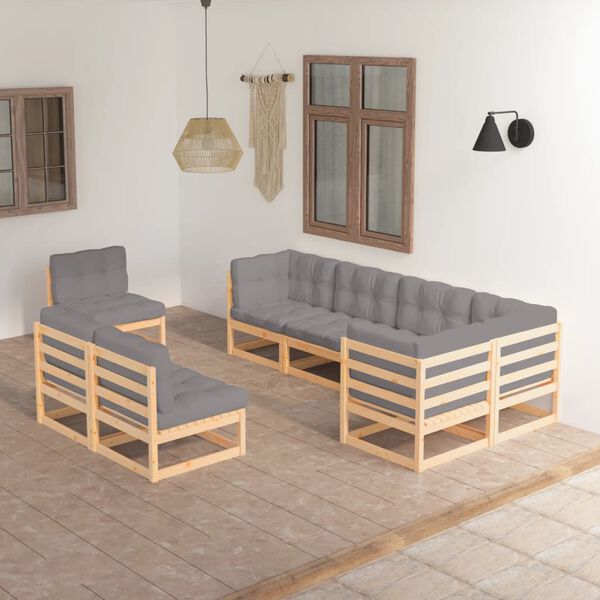 vidaXL 8 pcs conjunto lounge de jardim c/ almofadões pinho maciço