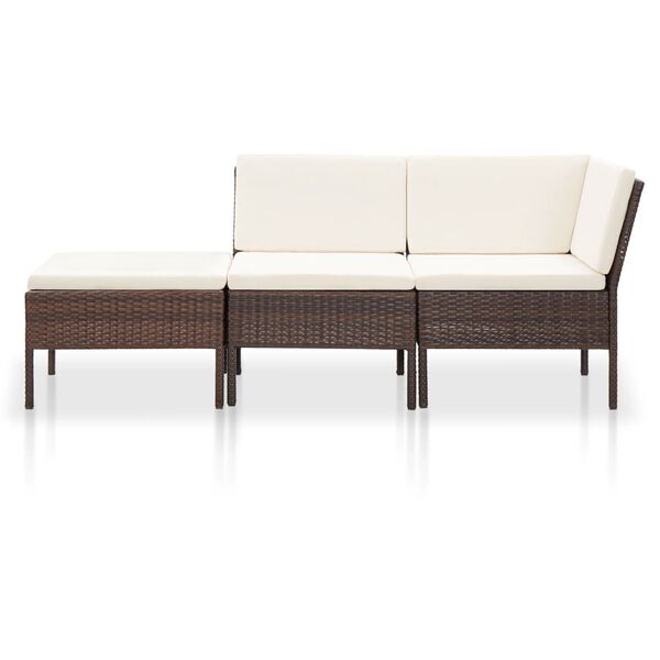 vidaXL 3 pcs conjunto lounge jardim c/ almofadões vime PE castanho