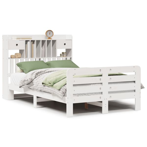 vidaXL Cama com estante sem colch&atilde;o 135x190 cm pinho maci&ccedil;o branco