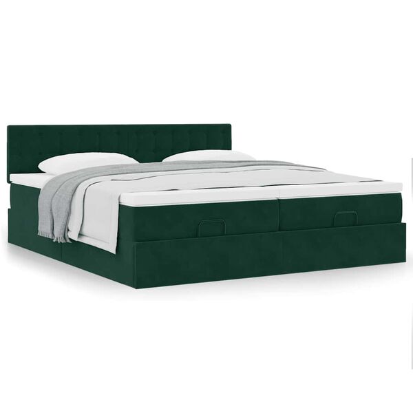 vidaXL Estrutura de cama otomana com colch&atilde;o verde escuro veludo