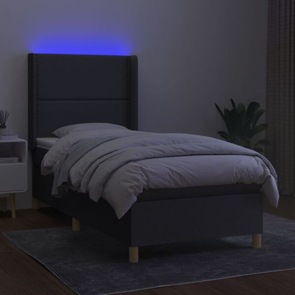 vidaXL Cama box spring c/ colch&atilde;o e LED 90x200 cm tecido cinza-escuro