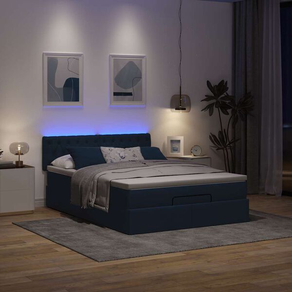 vidaXL Cama Otomana com Colch&atilde;o & LEDs Azul 140x190cm Tecido