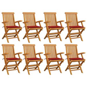 vidaXL Cadeiras de jardim c/ almofad&otilde;es vermelhos 8 pcs teca maci&ccedil;a