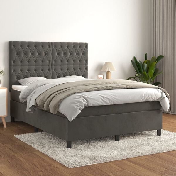 vidaXL Cama com molas/colch&atilde;o 140x200 cm veludo cinzento-escuro