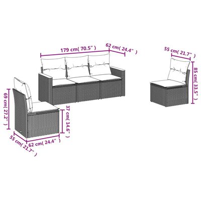 vidaXL 5 pcs conjunto de sofás p/ jardim com almofadões vime PE bege