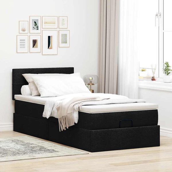 vidaXL Estrutura de cama otomana com colch&atilde;o preto 80x200cm tecido