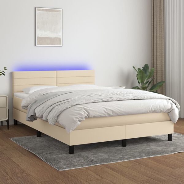 vidaXL Cama box spring c/ colch&atilde;o e LED 140x200 cm tecido cor creme
