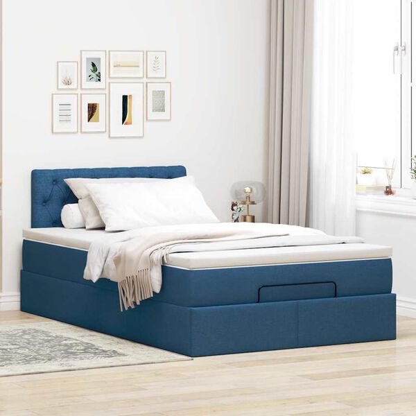 vidaXL Estrutura de cama otomana com colch&atilde;o 120x190 cm tecido azul