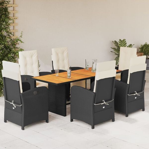 vidaXL 7 pcs conjunto de jantar p/ jardim c/ almofad&otilde;es vime PE preto