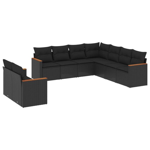 vidaXL 9 pcs conjunto de sof&aacute;s p/ jardim c/ almofad&otilde;es vime PE preto