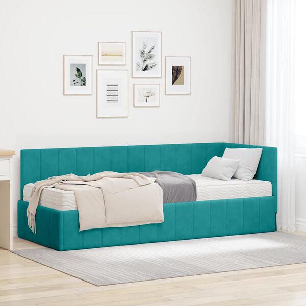 vidaXL Estrutura de Cama de Canto com Colch&atilde;o 2 pcs Turquesa Veludo