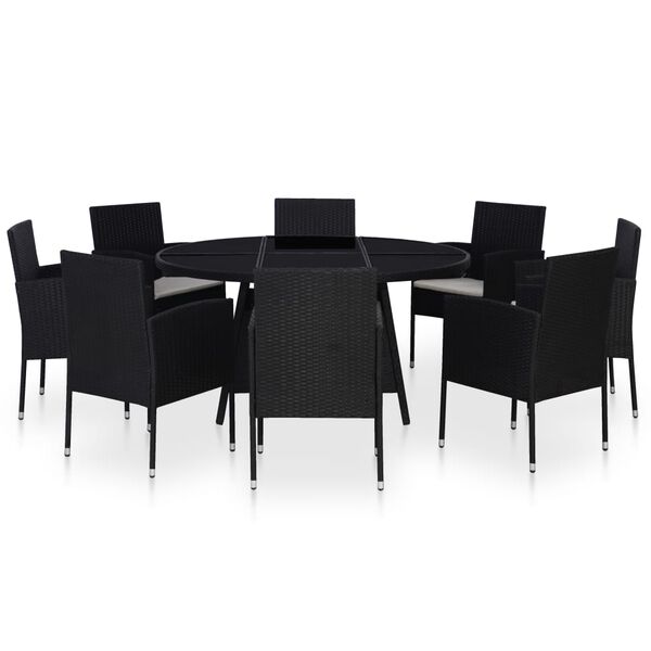 vidaXL 9 pcs conjunto jantar exterior com almofad&otilde;es vime PE preto