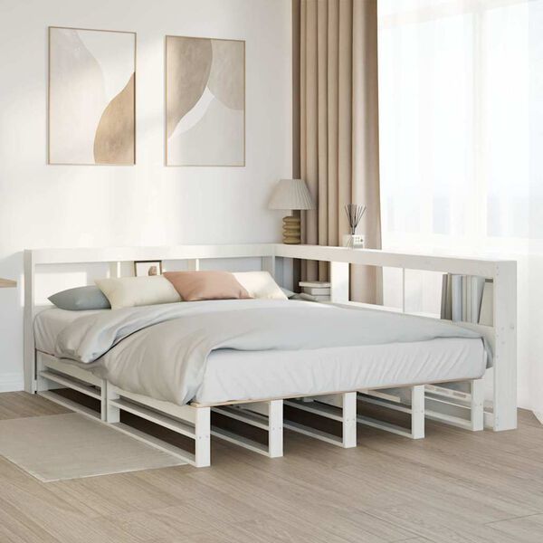 vidaXL Cama com estante sem colchão 140x190 cm pinho maciço branco