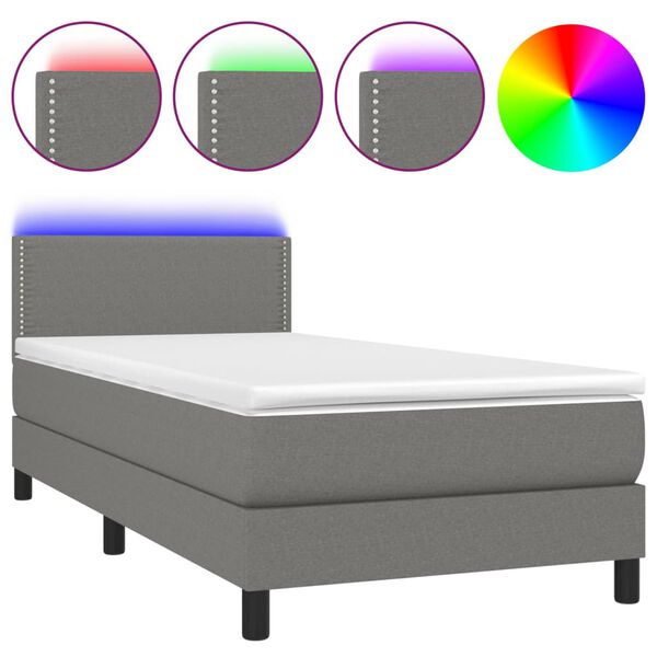 vidaXL Cama box spring c/ colch&atilde;o e LED 100x200 cm tecido cinza-escuro