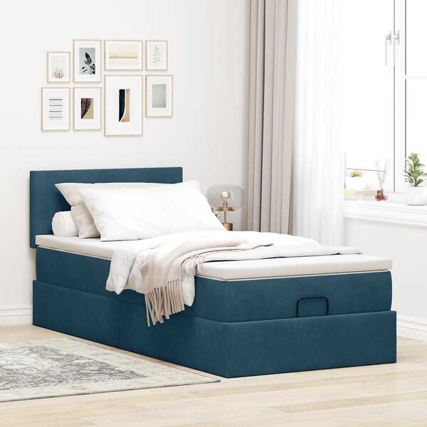 vidaXL Estrutura de cama otomana com colch&atilde;o azul escuro veludo