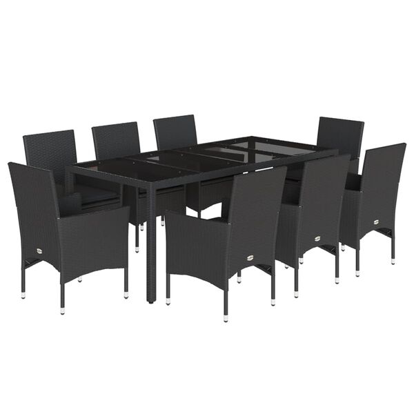 vidaXL 9 pcs conjunto jantar jardim c/ almofad&otilde;es vime PE/vidro preto
