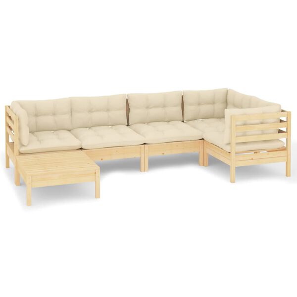 vidaXL 6 pcs conjunto lounge jardim c/ almofadões creme pinho maciço