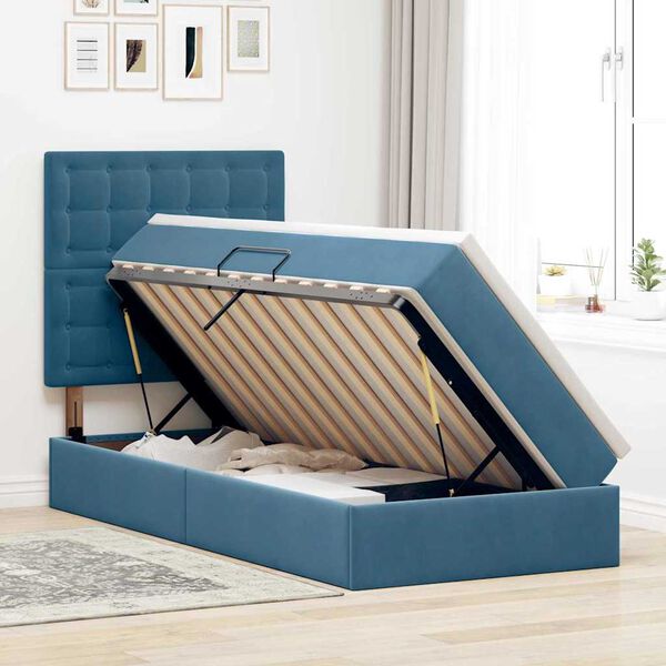 vidaXL Cama com arruma&ccedil;&atilde;o e colch&atilde;o Azul Escuro 90 x 190 cm Veludo