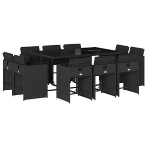 vidaXL 11 pcs conjunto de jantar p/ jardim c/ almofad&otilde;es vime PE preto