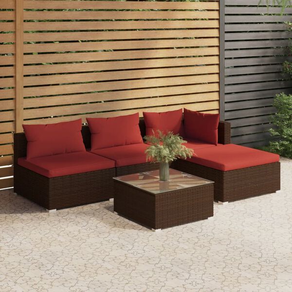 vidaXL 5 pcs conjunto lounge jardim c/ almofad&otilde;es vime PE castanho