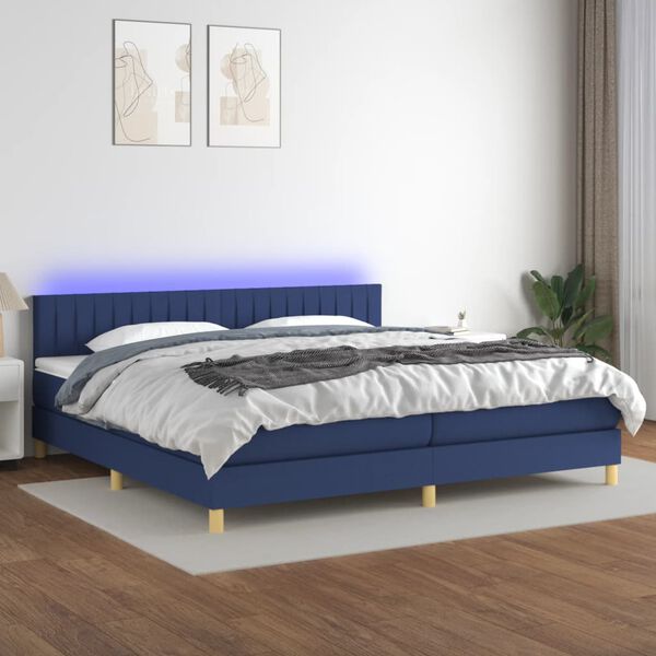 vidaXL Cama box spring c/ colch&atilde;o e LED 200x200 cm tecido azul