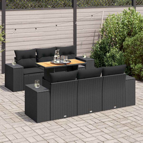 vidaXL 7 pcs conjunto de sof&aacute;s p/ jardim c/ almofad&otilde;es vime PE preto