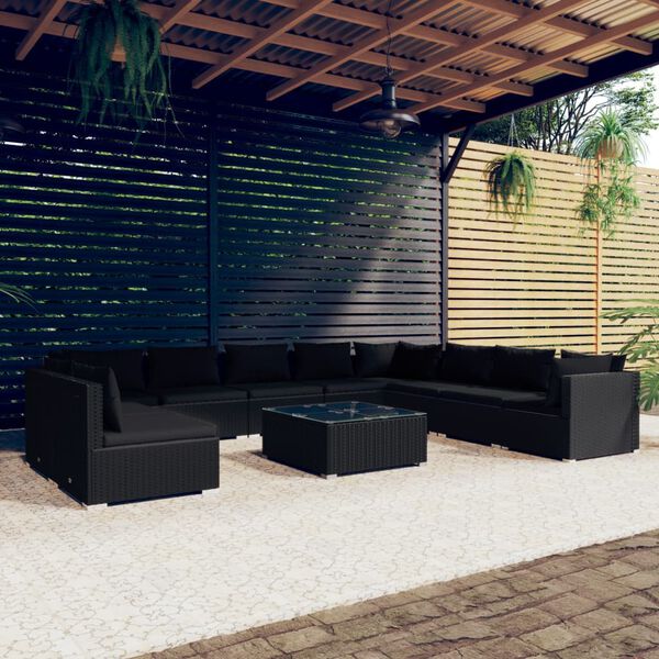vidaXL 11 pcs conjunto lounge de jardim c/ almofadões vime PE preto